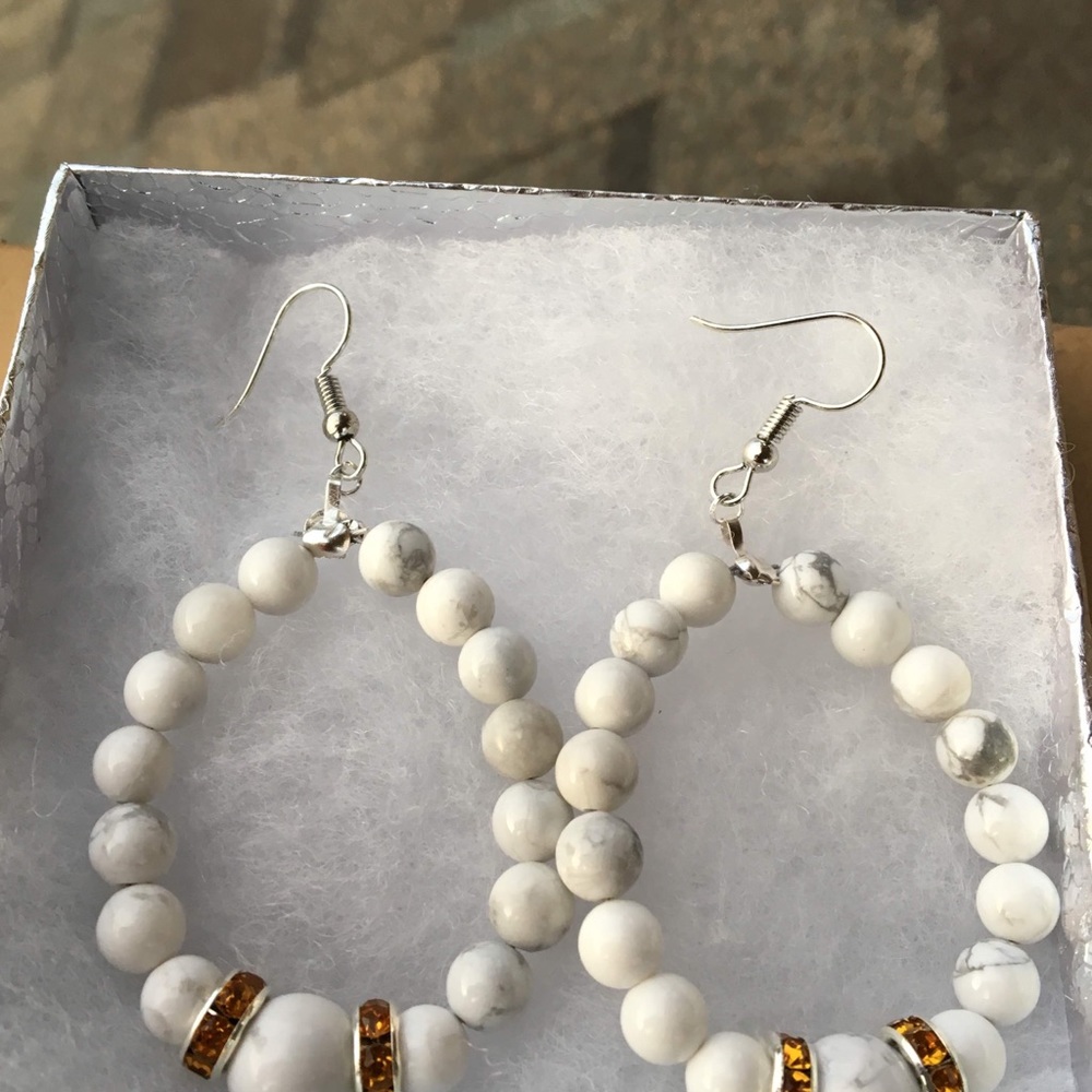 White and Orange Howlite Hoop Earrings - Picture 6 of 8